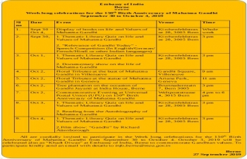 Week long celebrations for the 150th Birth Anniversary of Mahatma Gandhi from September 30 to October 4, 2019.